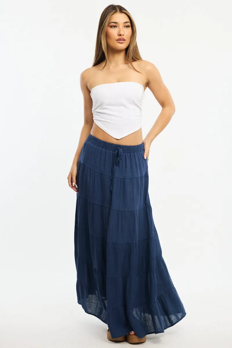 Blue Maxi Skirt Tiered High Rise Linen Blend sold by Ally Fashion