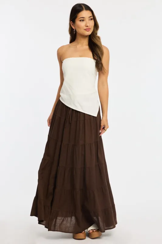 Brown Maxi Skirt Tiered High Rise Linen Blend sold by Ally Fashion