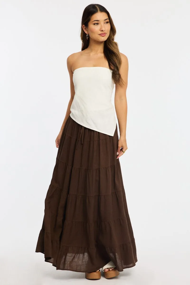 Brown Maxi Skirt Tiered High Rise Linen Blend sold by Ally Fashion