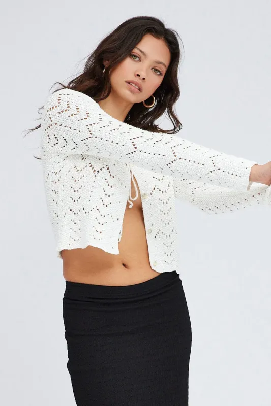 White Round Neck Long Sleeve Crochet Knit Cardigan sold by Ally Fashion