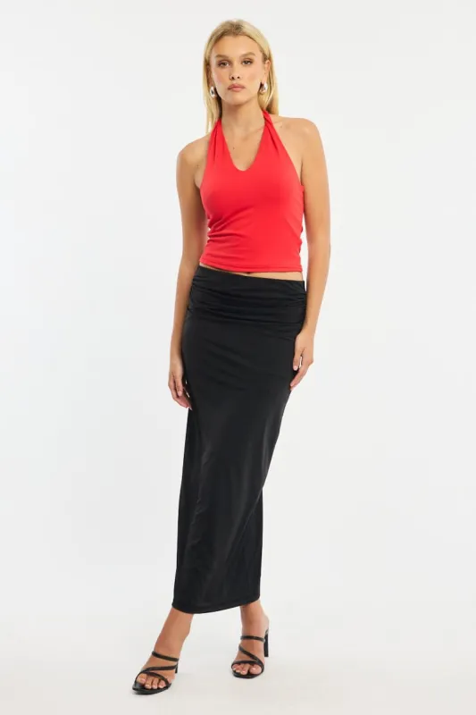 Black Ruched Maxi Skirt Elastic Waist sold by Ally Fashion