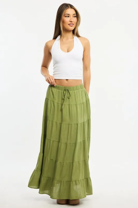 Green Maxi Skirt Tiered High Rise Linen Blend sold by Ally Fashion