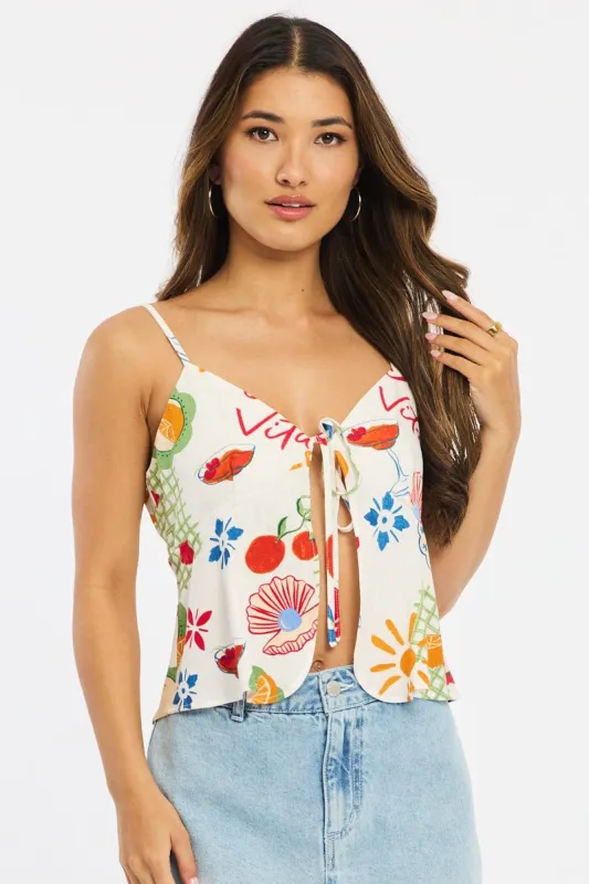 Multi Abstract Cami Top Sleeveless Tie Front sold by Ally Fashion