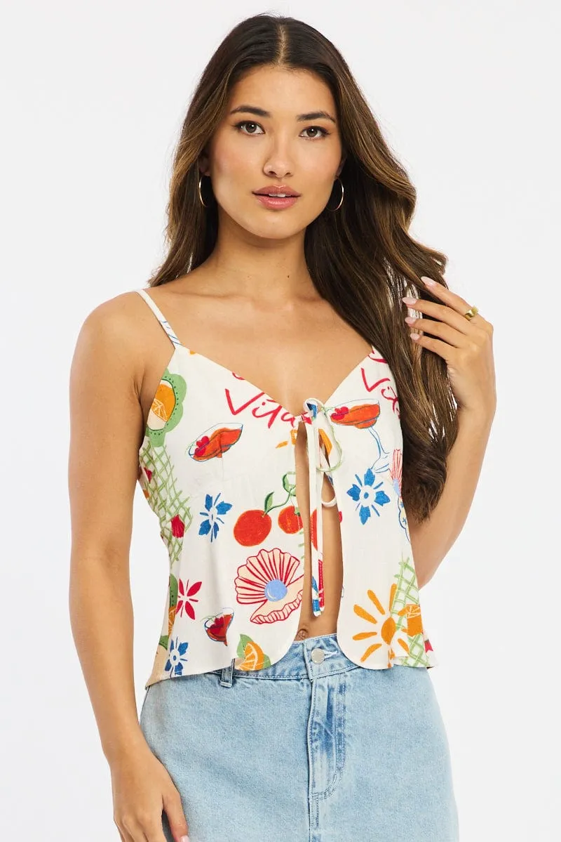 Multi Abstract Cami Top Sleeveless Tie Front sold by Ally Fashion