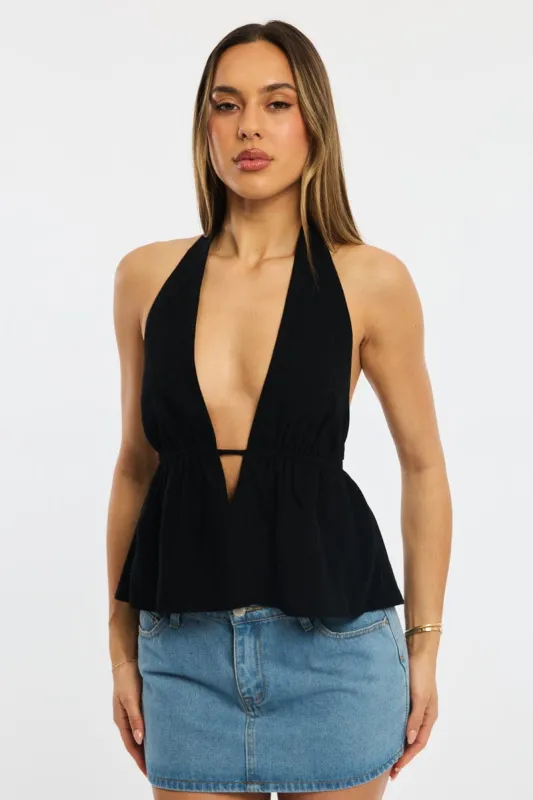 Black Halter Top Sleeveless V-neck Linen Blend sold by Ally Fashion