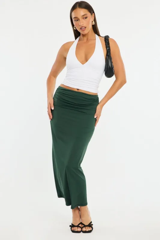 Green Ruched Maxi Skirt Elastic Waist sold by Ally Fashion