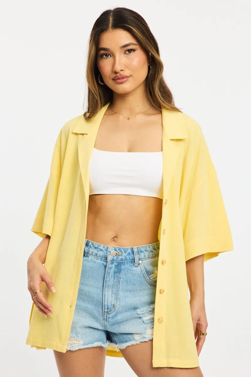 Yellow Relaxed Shirt Short Sleeve Collared Linen Blend sold by Ally Fashion