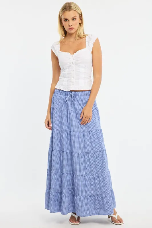 Blue Check Maxi Skirt Tiered High Rise Linen Blend sold by Ally Fashion