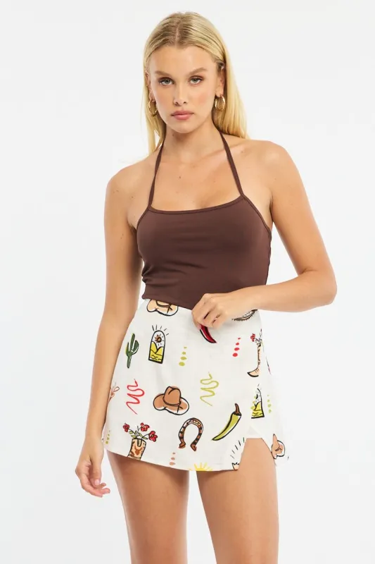 Multi Abstract Mini Skort High Rise Linen Blend Lined sold by Ally Fashion