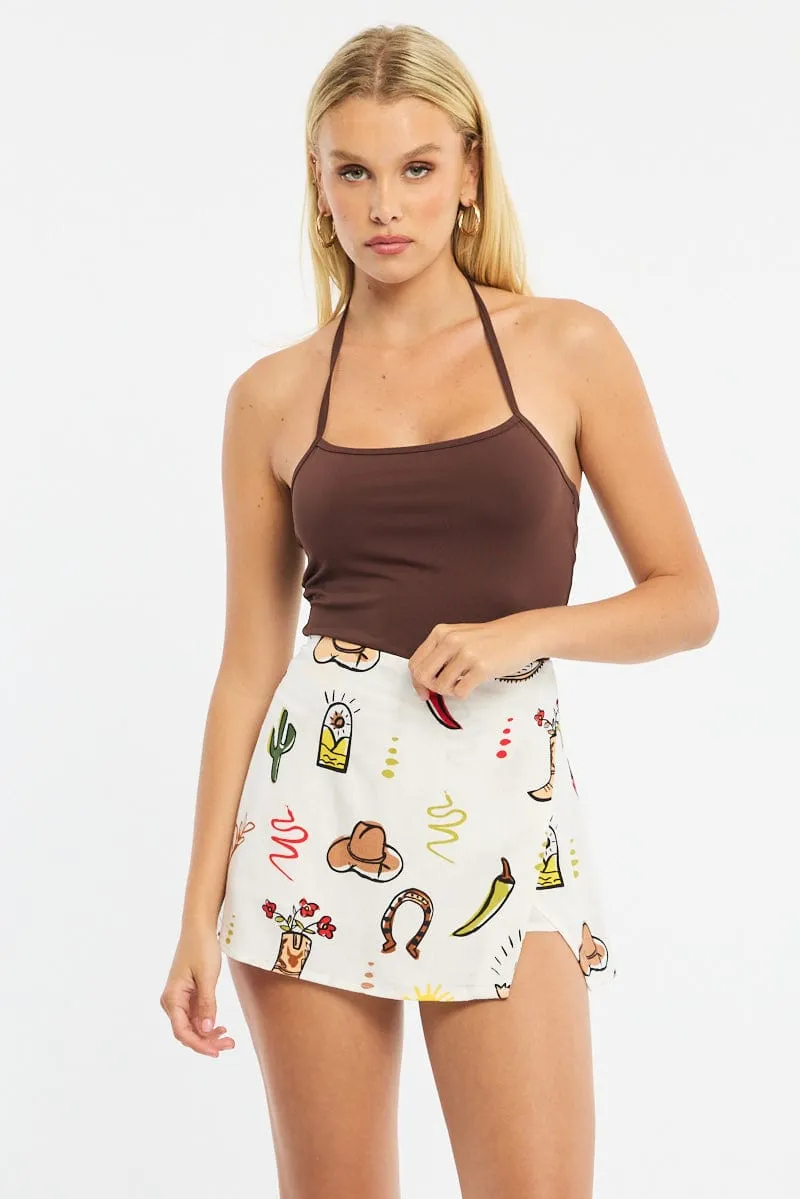 Multi Abstract Mini Skort High Rise Linen Blend Lined sold by Ally Fashion