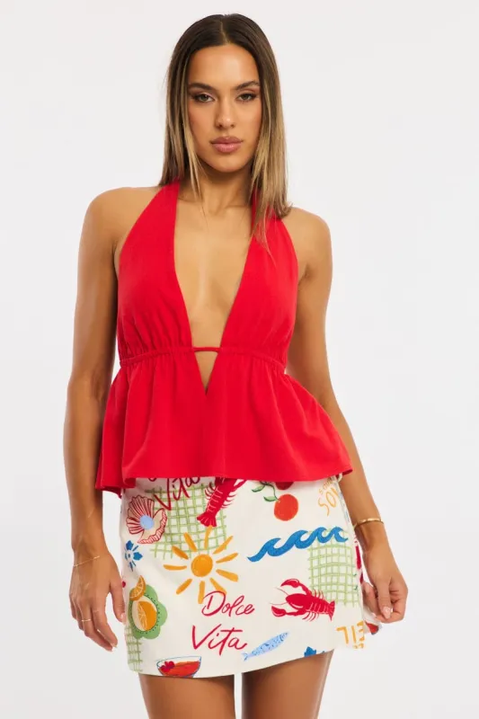 Red Halter Top Sleeveless V-neck Linen Blend sold by Ally Fashion