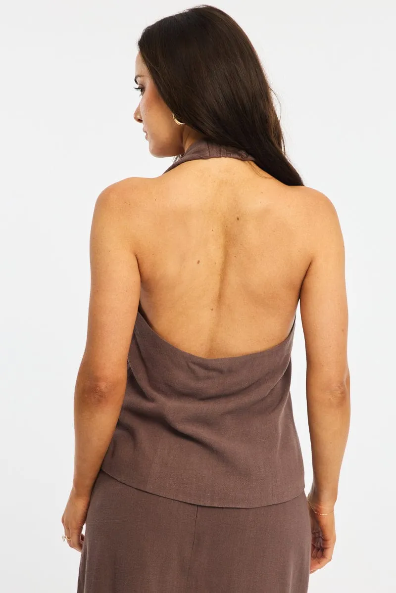 Brown Halter Vest Sleeveless Button Up Linen Blend sold by Ally Fashion product image thumbnail 5