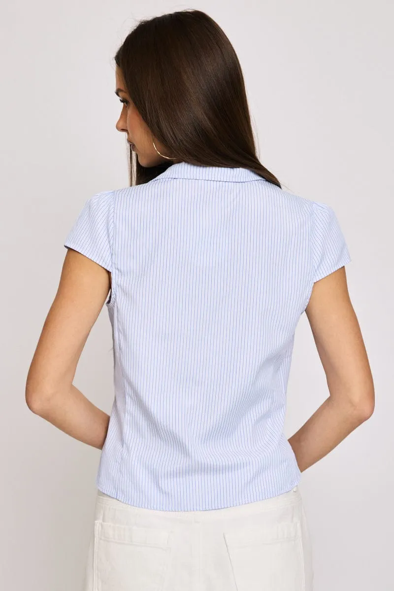 Blue Stripe Short Sleeve Shirt Collared Button Up Lined sold by Ally Fashion product image thumbnail 4