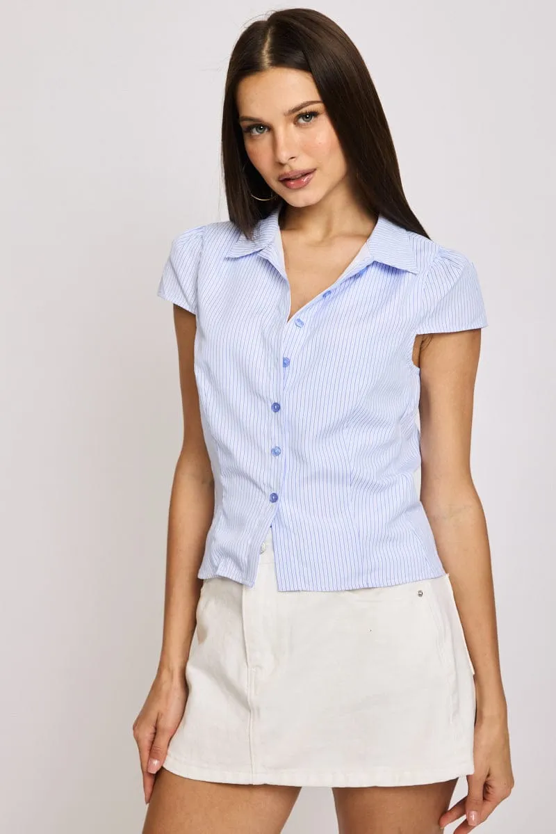 Blue Stripe Short Sleeve Shirt Collared Button Up Lined sold by Ally Fashion