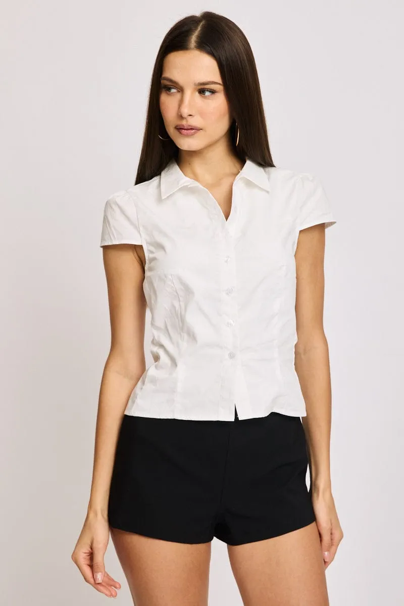 White Short Sleeve Shirt Collared Button Up Lined sold by Ally Fashion