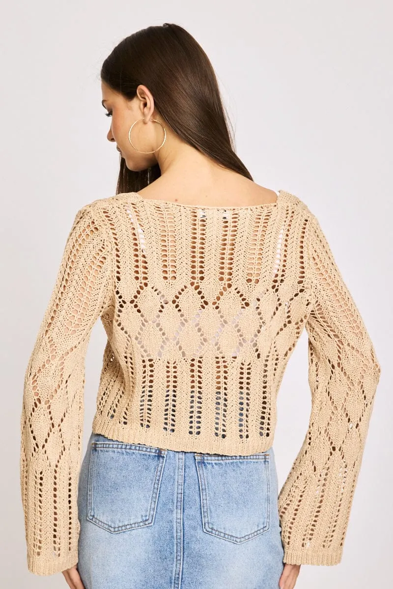 Beige Knit Cardigan Long Sleeve Crochet sold by Ally Fashion product image thumbnail 4
