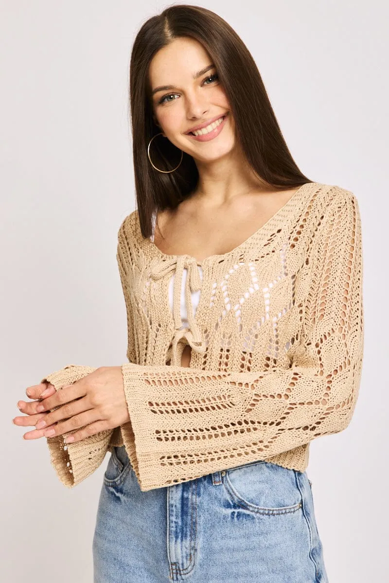 Beige Knit Cardigan Long Sleeve Crochet sold by Ally Fashion