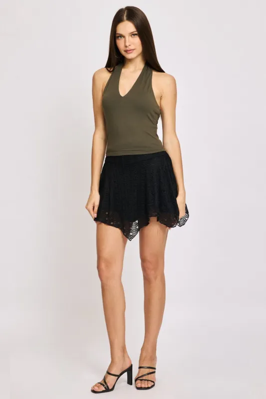 Black Mini Skort Skirt Elasticated Waist Scarf Hem Lace sold by Ally Fashion