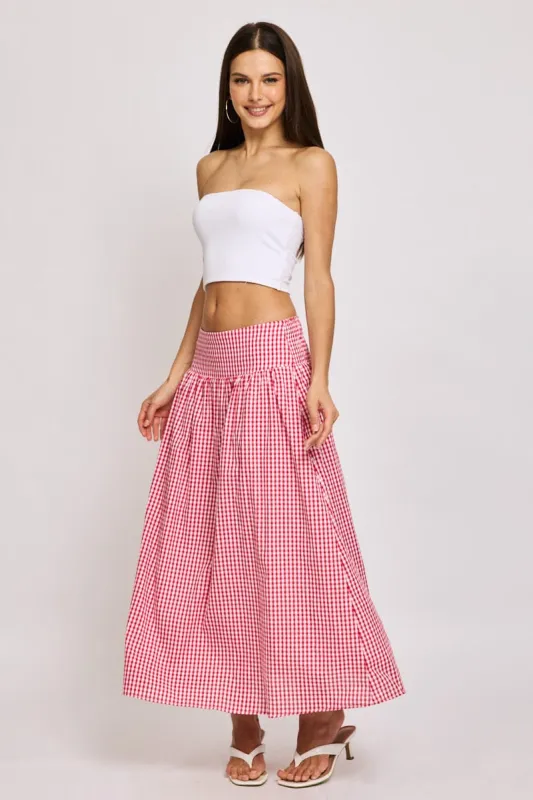 Red Check Maxi Skirt Drop Waist Shirred Back sold by Ally Fashion