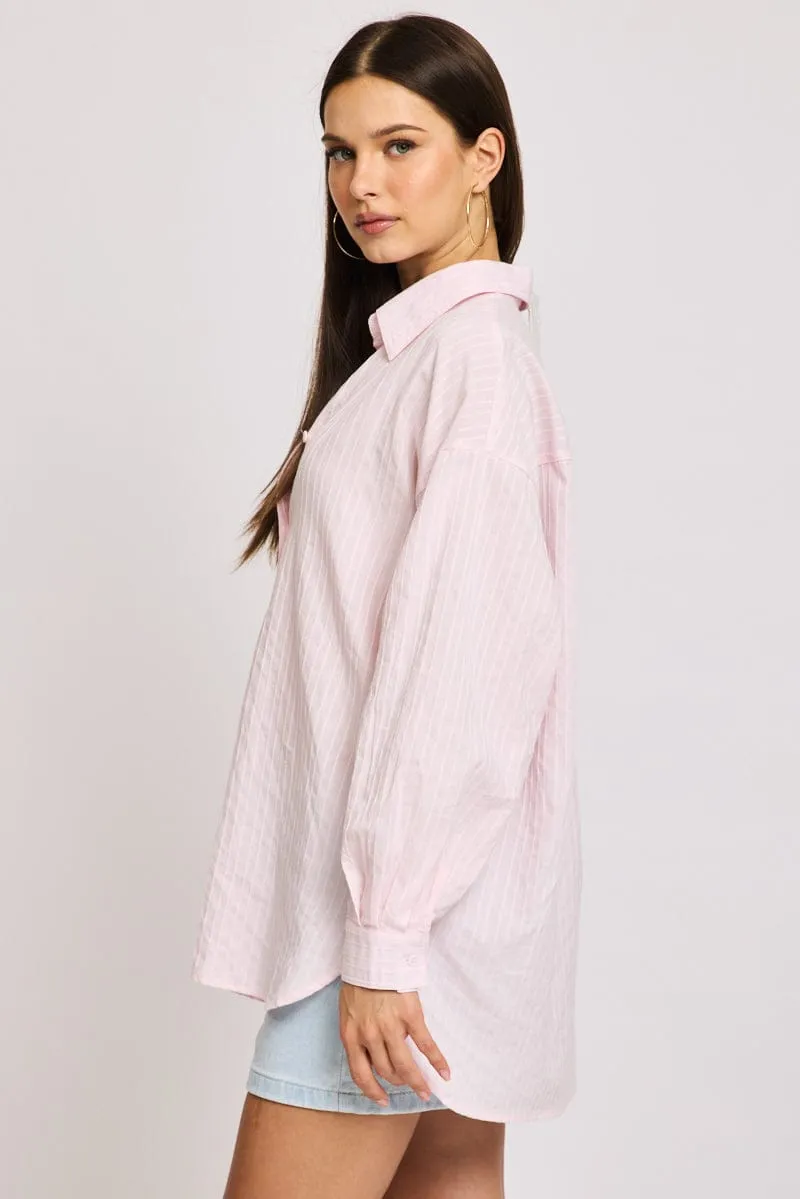 Pink Long Sleeve Shirt Button Up Collared Self-striped sold by Ally Fashion product image thumbnail 3