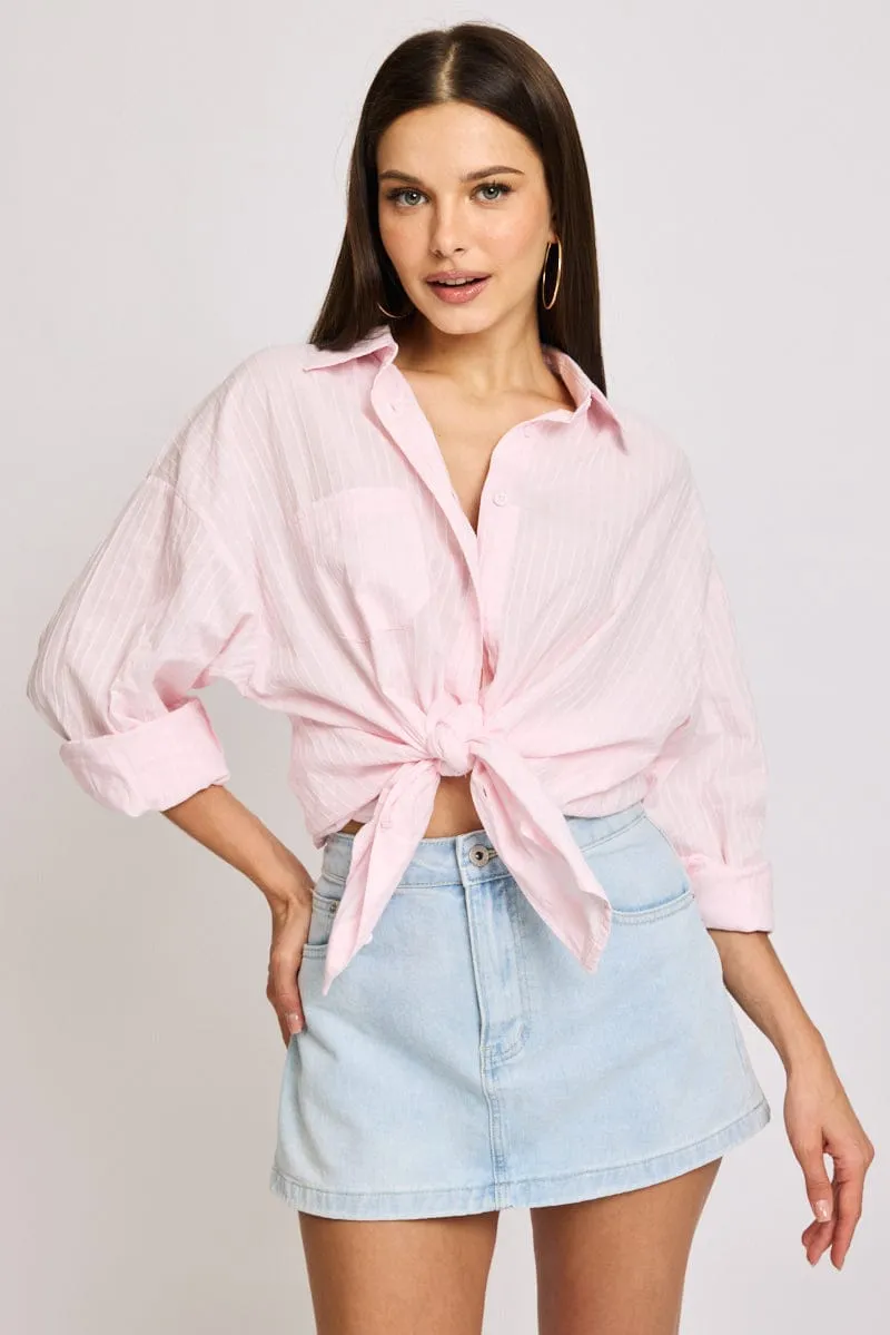 Pink Long Sleeve Shirt Button Up Collared Self-striped sold by Ally Fashion