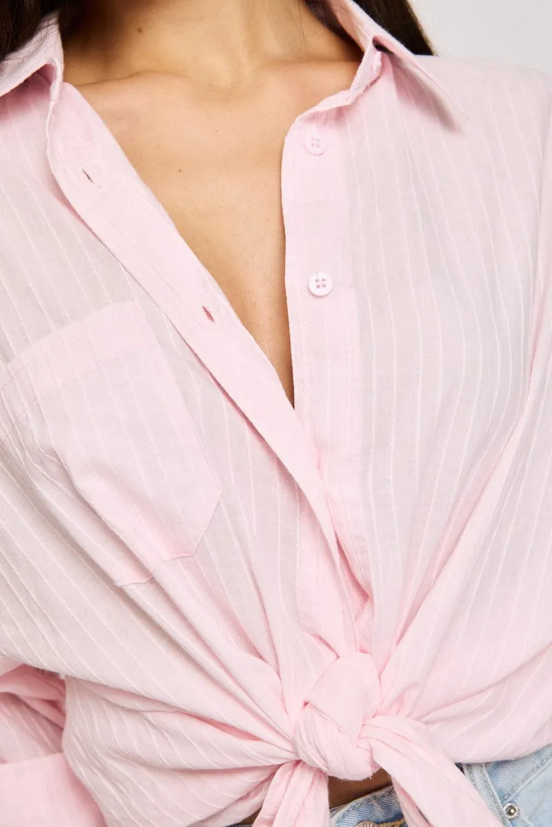 Pink Long Sleeve Shirt Button Up Collared Self-striped sold by Ally Fashion product image thumbnail 5