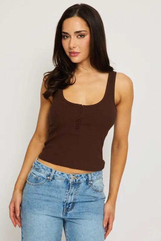 Brown Henley Tank Sleeveless sold by Ally Fashion