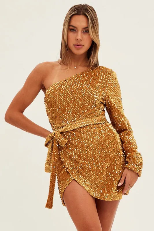 Gold Sequin Mini Dress One Shoulder sold by Ally Fashion