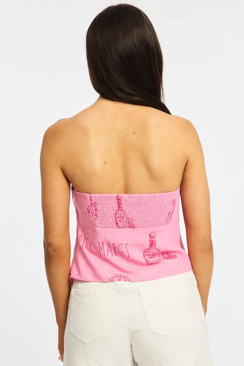 Pink Abstract Scarf Bandeau Top Sleeveless Strapless Linen Blend sold by Ally Fashion product image thumbnail 4