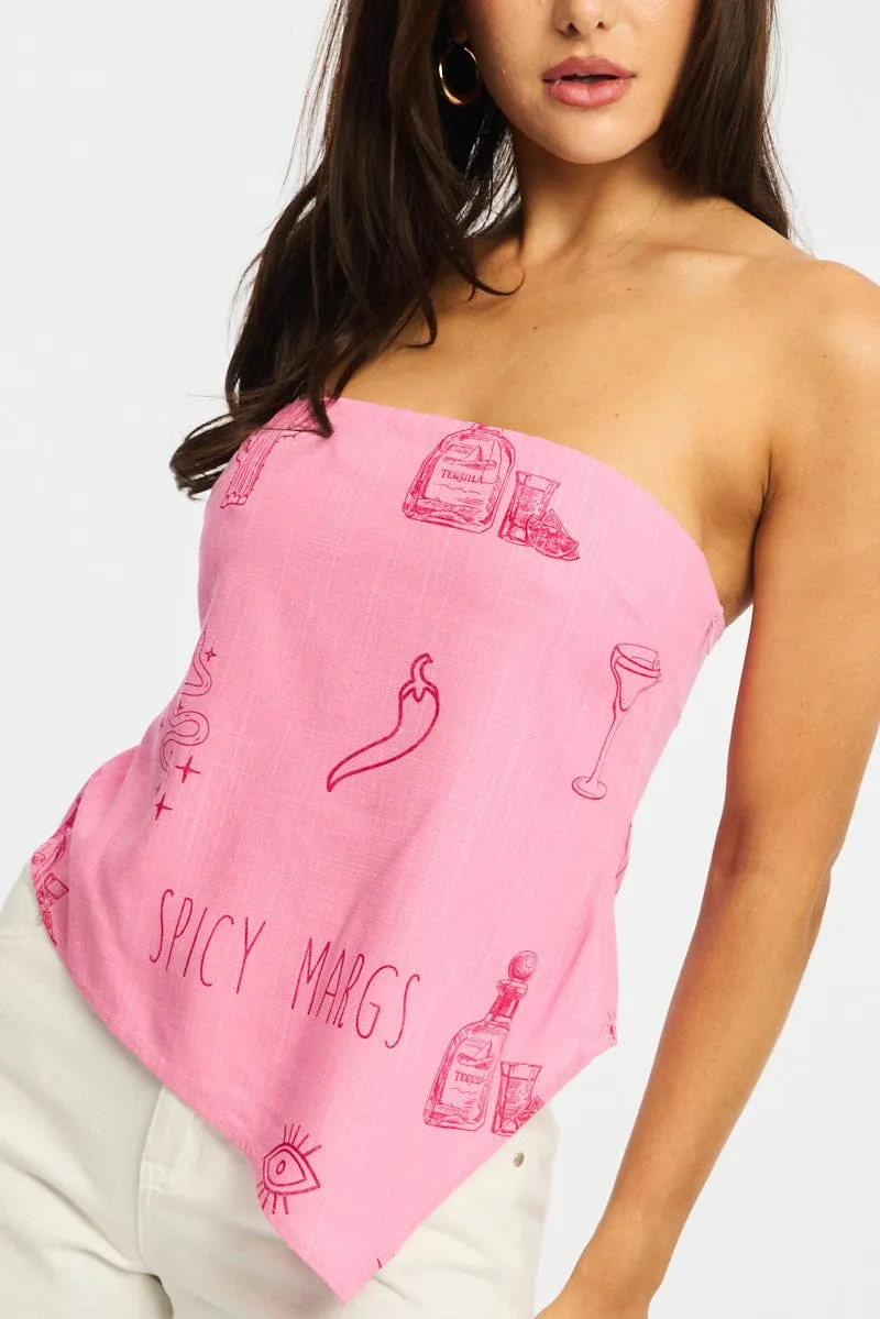 Pink Abstract Scarf Bandeau Top Sleeveless Strapless Linen Blend sold by Ally Fashion product image thumbnail 5