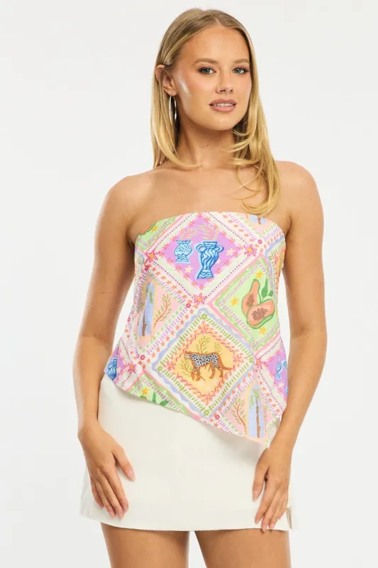 Multi Abstract Scarf Bandeau Top Sleeveless Strapless Linen Blend sold by Ally Fashion