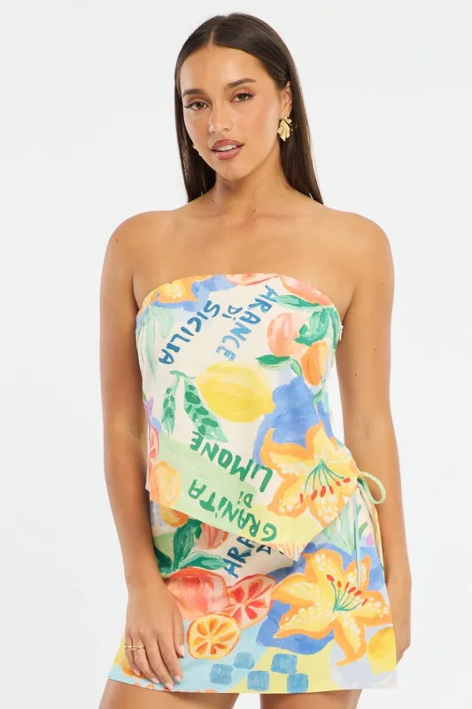 Multi Abstract Scarf Bandeau Top Sleeveless Strapless Linen Blend sold by Ally Fashion