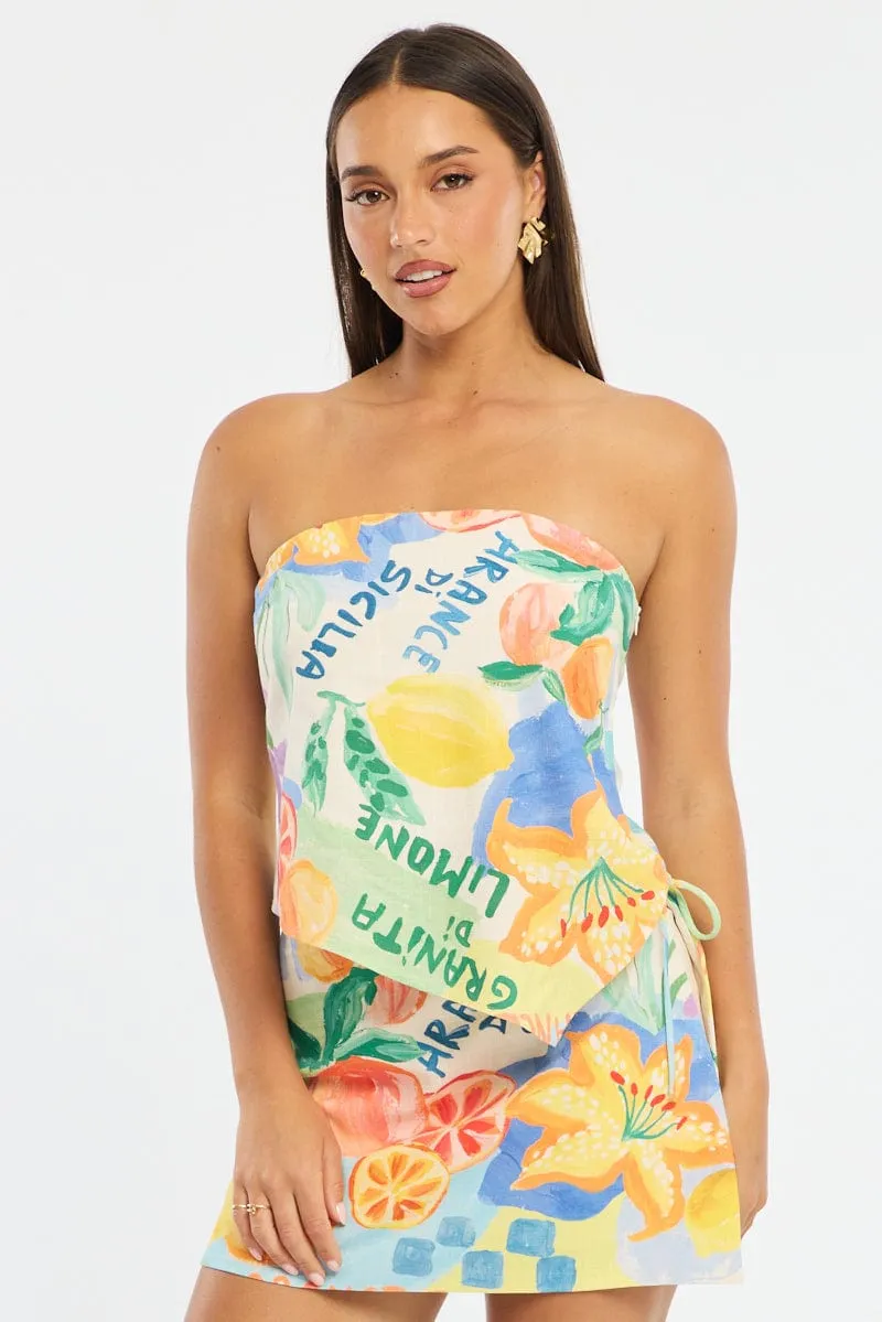 Multi Abstract Scarf Bandeau Top Sleeveless Strapless Linen Blend sold by Ally Fashion