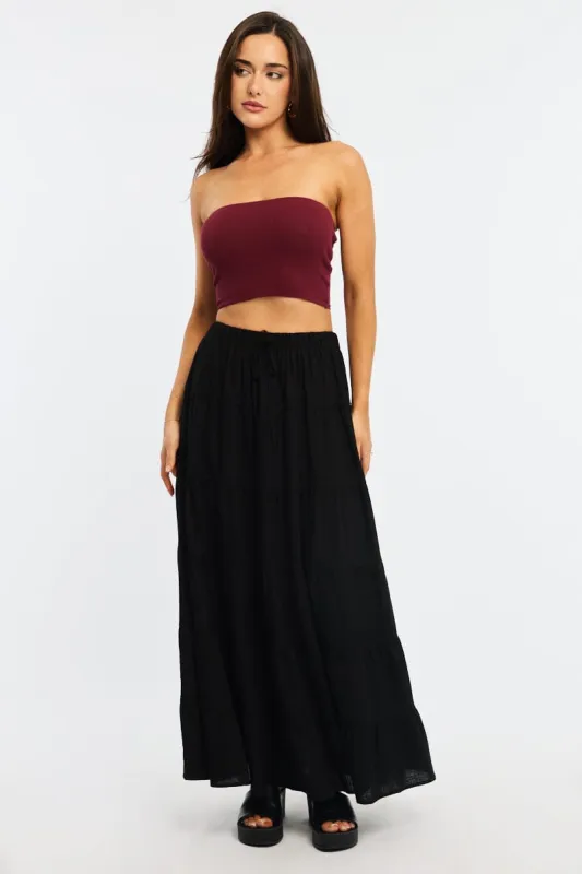 Black Maxi Skirt Tiered High Rise Linen Blend sold by Ally Fashion