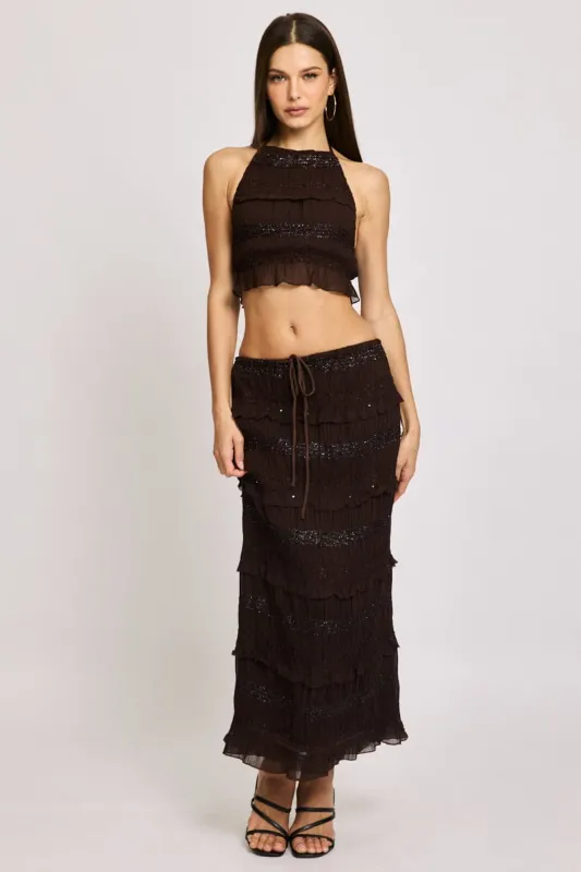 Brown Maxi Skirt Elastic Waistband Ruffle Textured sold by Ally Fashion