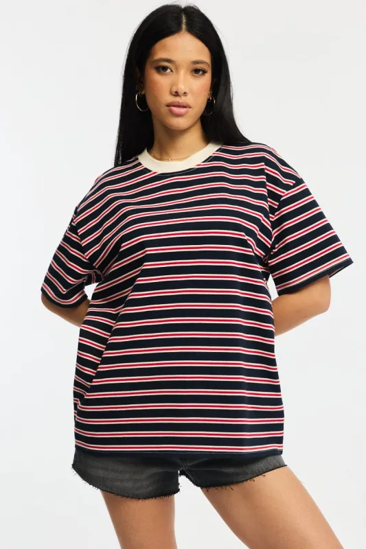 Red Stripe Oversized Tee Short Sleeve sold by Ally Fashion