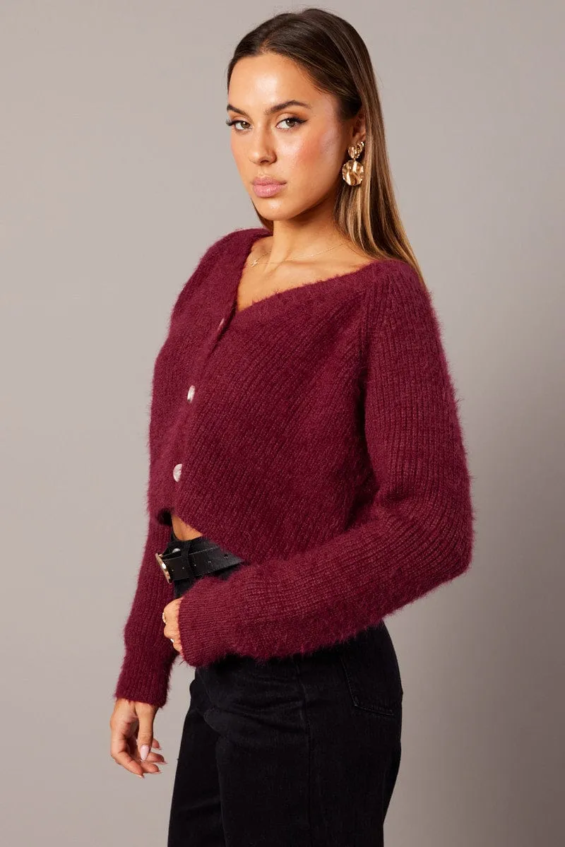 Red Fluffy Knit Cardigan Long Sleeve V Neck sold by Ally Fashion product image thumbnail 4