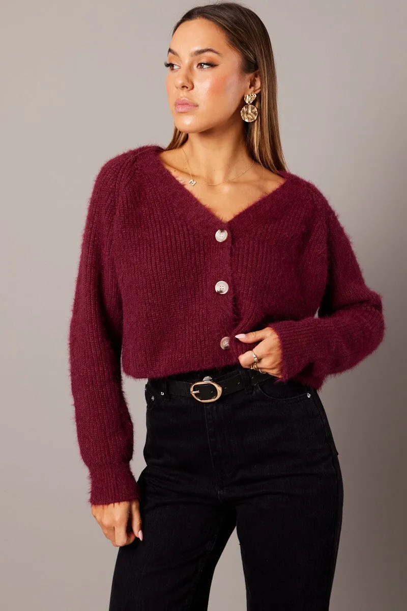Red Fluffy Knit Cardigan Long Sleeve V Neck sold by Ally Fashion product image thumbnail 2