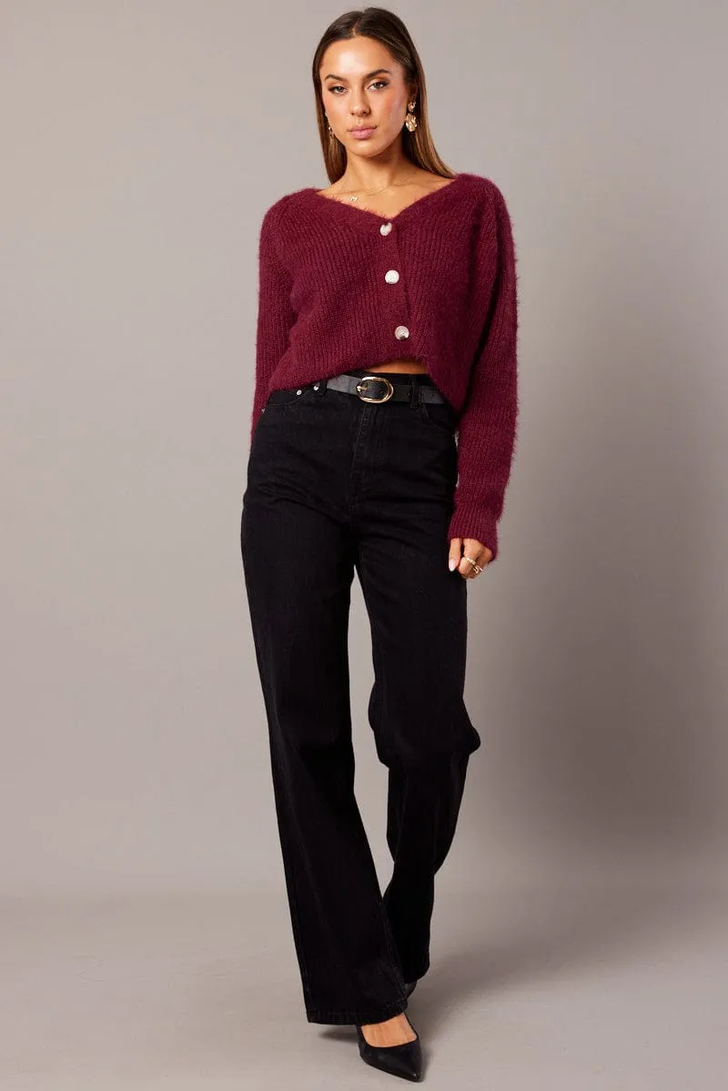 Red Fluffy Knit Cardigan Long Sleeve V Neck sold by Ally Fashion product image thumbnail 3