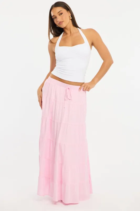 Pink Maxi Skirt Tiered High Rise Linen Blend sold by Ally Fashion