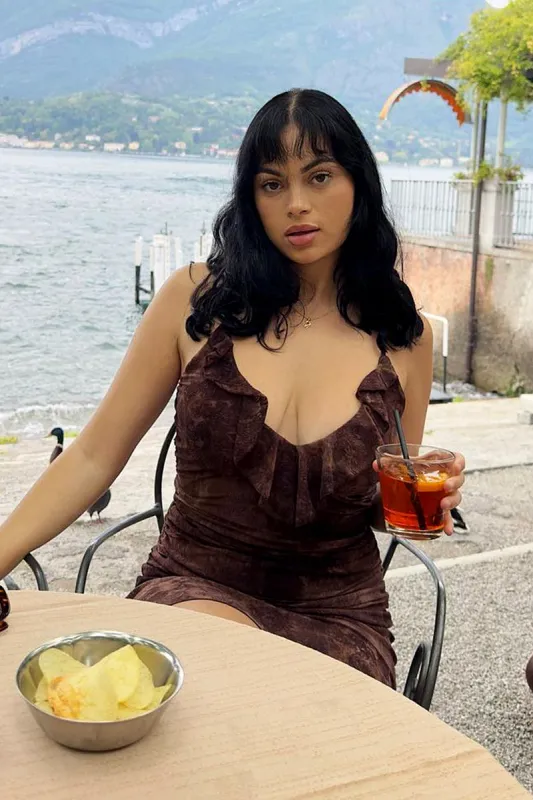 Brown Paisley Mesh Mini Dress V Ruffle Neck Burnt Out Paisley sold by Ally Fashion