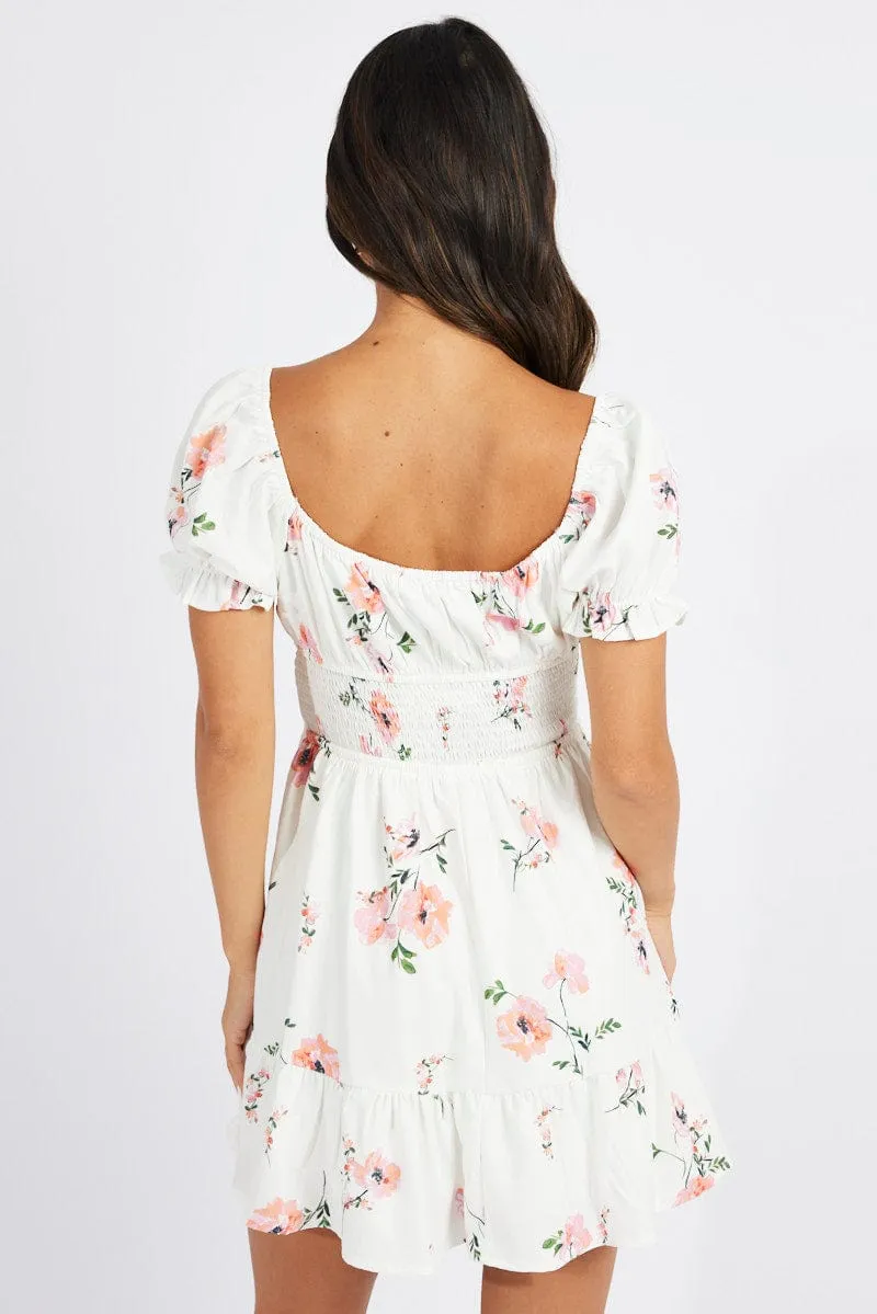 White Floral Fit And Flare Dress Puff Sleeve Mini sold by Ally Fashion product image thumbnail 5