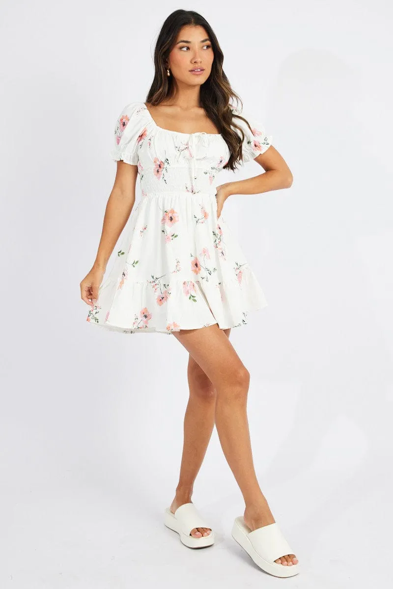 White Floral Fit And Flare Dress Puff Sleeve Mini sold by Ally Fashion product image thumbnail 2