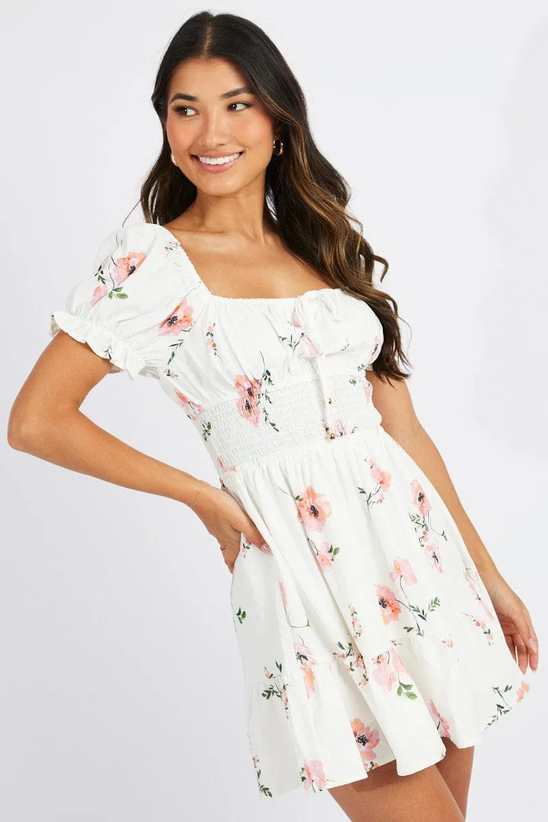 White Floral Fit And Flare Dress Puff Sleeve Mini sold by Ally Fashion product image thumbnail 3