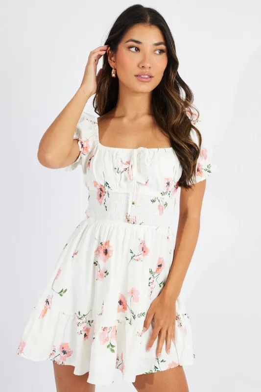 White Floral Fit And Flare Dress Puff Sleeve Mini sold by Ally Fashion