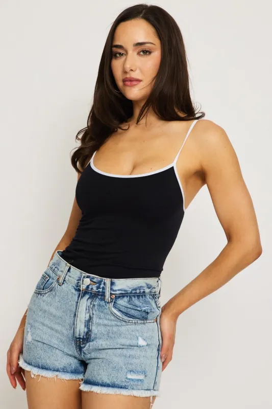 Black Singlet Top Contrast Binding Seamless sold by Ally Fashion