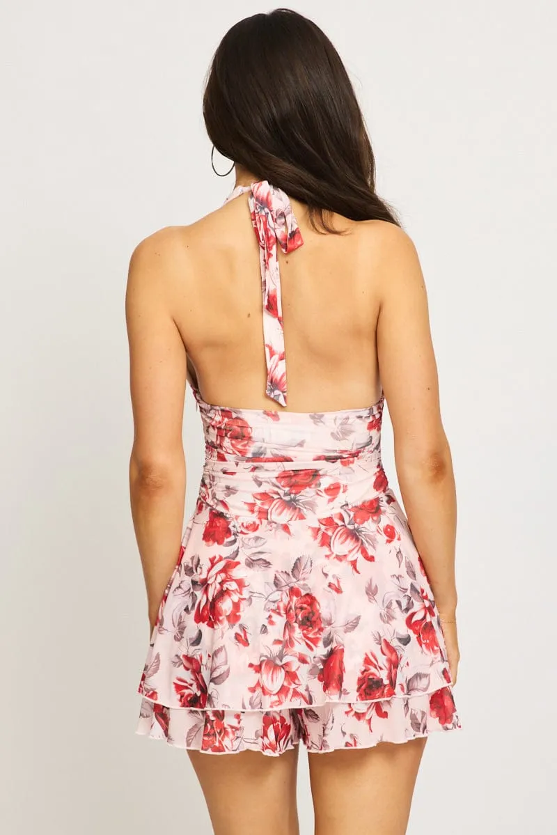 Pink Floral Playsuit V-neck Mesh sold by Ally Fashion product image thumbnail 4