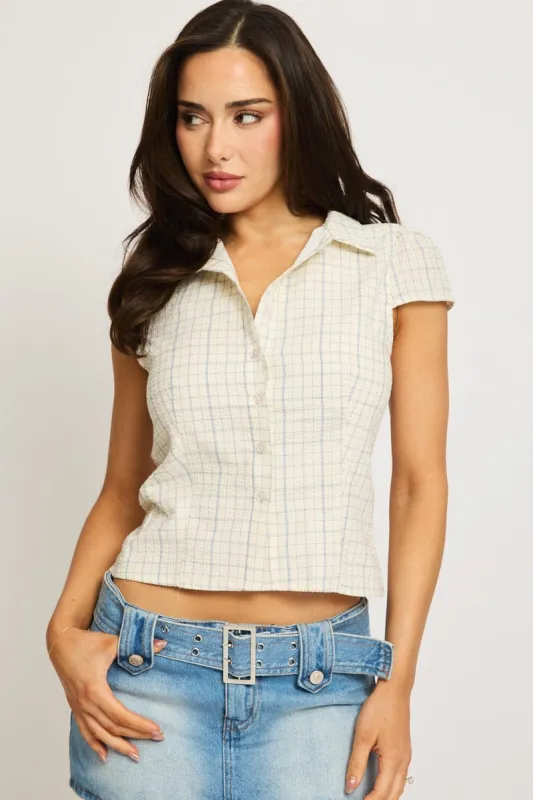 Blue Check Short Sleeve Shirt Collared Button Up Lined sold by Ally Fashion