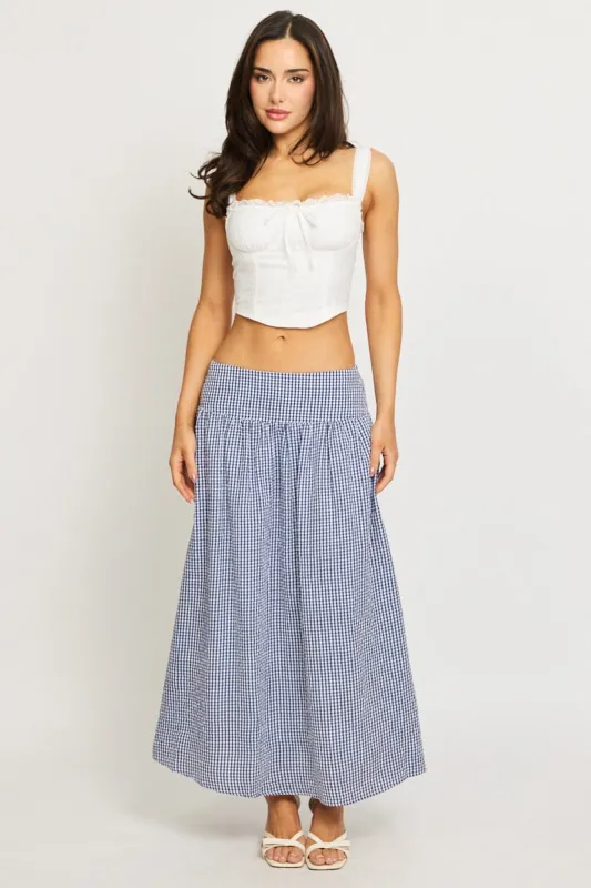 Blue Check Maxi Skirt Drop Waist Shirred Back sold by Ally Fashion