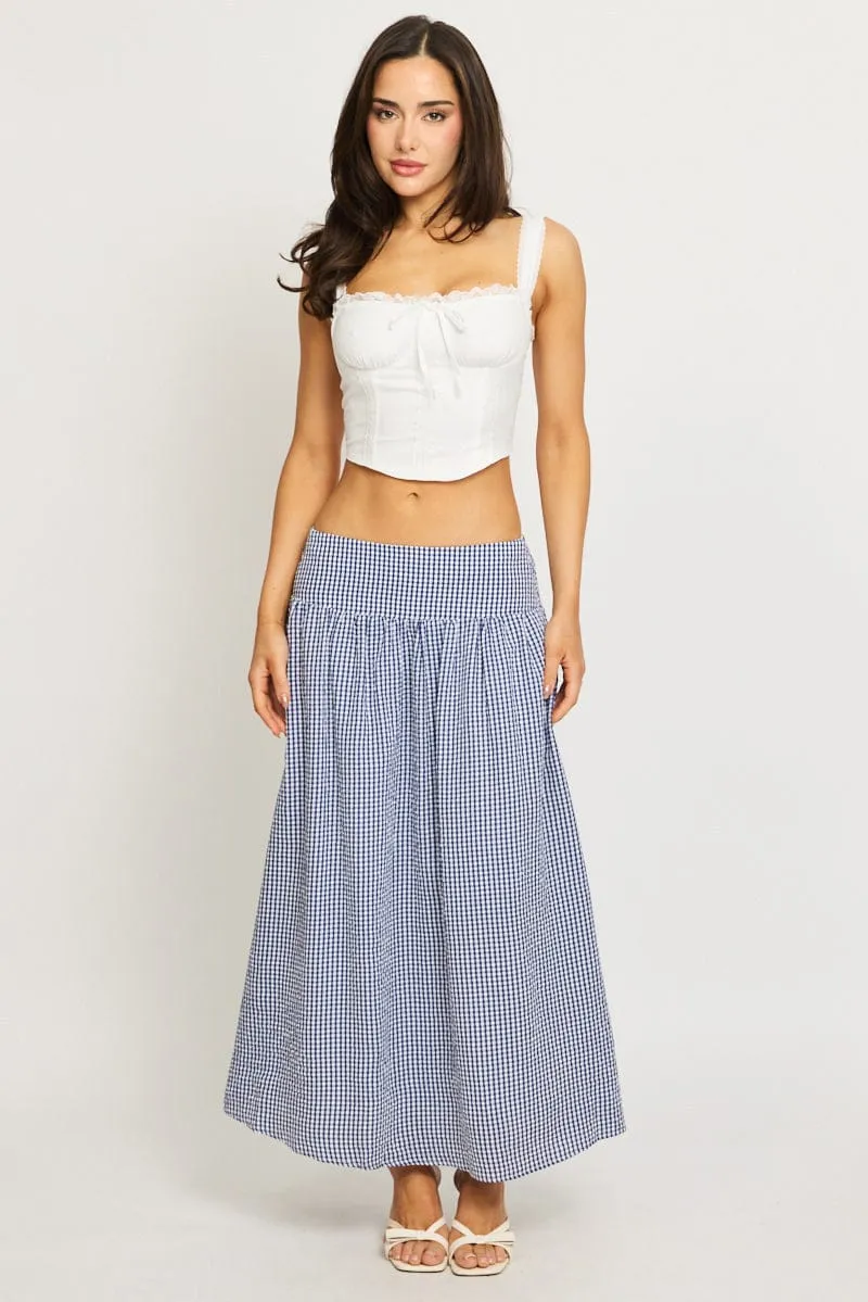Blue Check Maxi Skirt Drop Waist Shirred Back sold by Ally Fashion